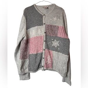 Vintage Northern Reflections Patchwork Cardigan - Gray and Pink Snowflakes XL